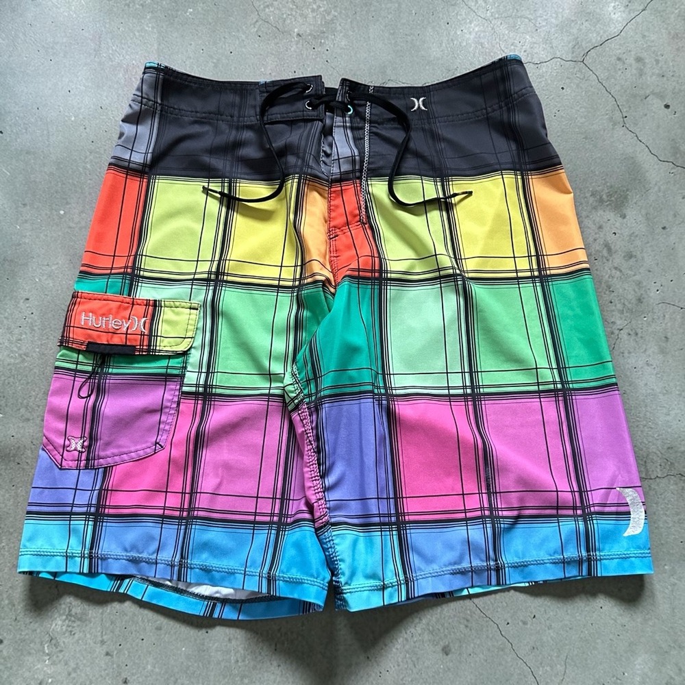 Hurley Phantom Rainbow Plaid Board Shorts Mens Size L Y2K Skater Surf Trunks